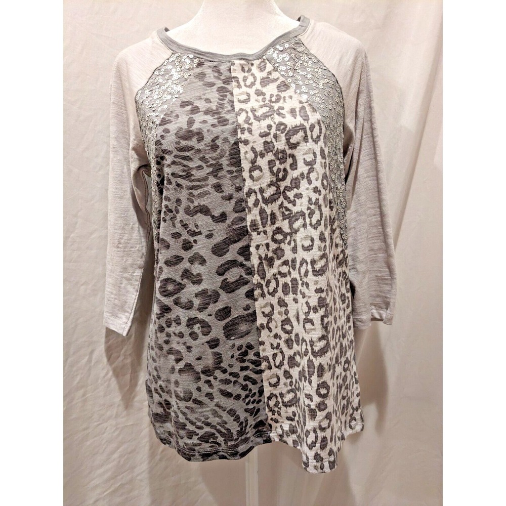 NWOT Laura Ashley Gray 3/4 Sleeve Leopard Print Sequin Pullover Womens Sz: S
